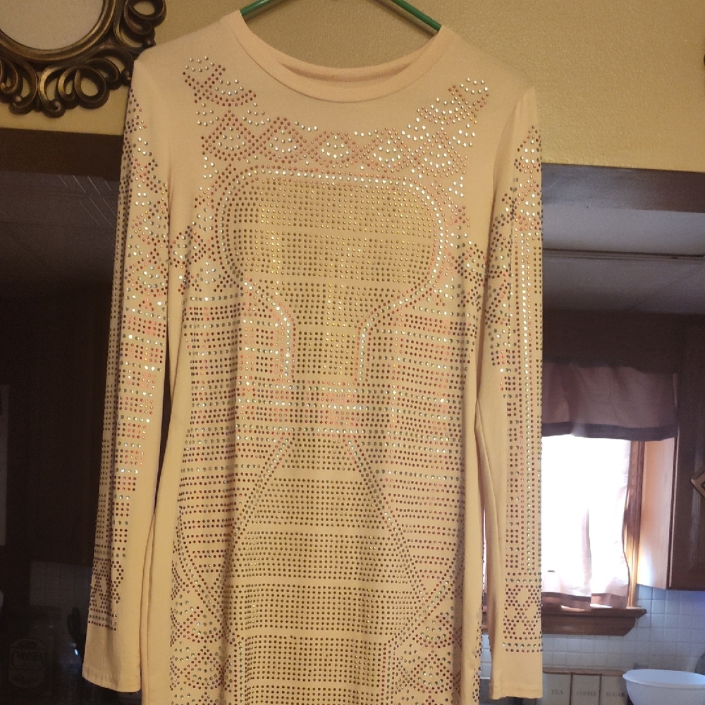Chic Cream Long Sleeve Dress with Silver Accents